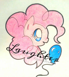 Size: 600x675 | Tagged: safe, artist:cryptidkitty, pinkie pie, earth pony, pony, g4, balloon, female, mare, pencil drawing, smiling, text, traditional art