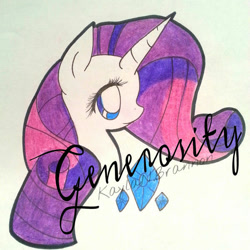 Size: 600x601 | Tagged: safe, artist:cryptidkitty, rarity, pony, unicorn, g4, diamond, female, gem, generosity, horn, mare, pencil drawing, smiling, text, traditional art