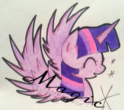 Size: 600x535 | Tagged: safe, artist:cryptidkitty, twilight sparkle, alicorn, pony, g4, eyes closed, female, horn, mare, pencil drawing, smiling, sparkles, spread wings, text, traditional art, twilight sparkle (alicorn), wings