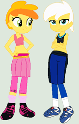 Size: 298x464 | Tagged: safe, artist:matthewjabeznazarioa, peachy pie, sunny daze, human, equestria girls, g4, crossover, equestria girls-ified, exeron fighters, martial arts kids, martial arts kids outfits