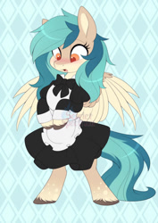 Size: 752x1063 | Tagged: safe, artist:scarlet-spectrum, part of a set, oc, oc only, oc:peacher, pegasus, abstract background, bipedal, blushing, clothes, commission, cute, dress, female, maid, mare, pegasus oc, solo, spread wings, surprised, watermark, wings, ych result