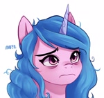 Size: 1723x1626 | Tagged: safe, artist:maren, izzy moonbow, pony, unicorn, g5, my little pony: make your mark, bags under eyes, bust, cute, eyebrows, eyebrows visible through hair, female, frown, izzy moodbow, izzybetes, mare, messy mane, sad, sadorable, signature, simple background, solo, tired, white background