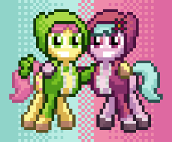 Size: 456x376 | Tagged: safe, artist:nitobit, dahlia, posey bloom, earth pony, pony, g5, bow, clothes, female, flower, flower in hair, gradient background, hoodie, hug, mare, pixel art, side hug, smiling, tail, tail bow