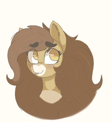 Size: 814x888 | Tagged: safe, artist:vintyri, oc, oc only, oc:pencil test, earth pony, pony, bust, ear piercing, earring, earth pony oc, eyebrows, eyebrows visible through hair, female, freckles, jewelry, looking sideways, piercing, portrait, simple background, smiling, solo, thick eyebrows, tongue out