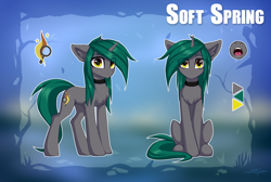 Size: 2664x1791 | Tagged: safe, artist:setharu, oc, oc only, oc:soft spring, pony, unicorn, chest fluff, collar, cutie mark, ear fluff, fangs, female, horn, looking at you, mare, reference sheet, simple background, sitting, solo