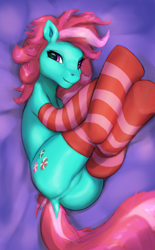 Size: 1008x1621 | Tagged: artist needed, safe, minty, g3, alternate hair color, clothes, featureless crotch, female, socks, solo, stockings, striped socks, that pony sure does love socks, thigh highs, wrong color