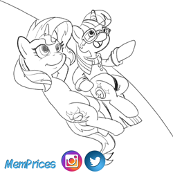 Size: 2812x2812 | Tagged: safe, artist:memprices, moondancer, sunset shimmer, pony, unicorn, g4, clothes, glasses, high res, leaning back, looking up, open mouth, open smile, pencil drawing, pointing, simple background, sketch, smiling, social media, sweater, traditional art, white background, wip