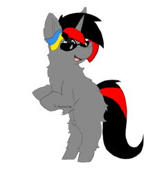 Size: 1280x1332 | Tagged: safe, artist:lil_vampirecj, oc, oc only, oc:fluff, pony, unicorn, black and red mane, black and red tail, chest fluff, commission, ear fluff, flag, fluffy, gray coat, open mouth, simple background, smiling, solo, standing, standing on two hooves, sunglasses, transparent background, ukraine, ukraine flag, unshorn fetlocks, ych example, ych result, your character here