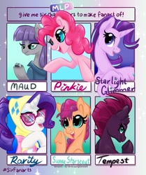 Size: 754x900 | Tagged: safe, artist:jen-neigh, maud pie, pinkie pie, rarity, starlight glimmer, sunny starscout, tempest shadow, earth pony, pony, unicorn, g4, g5, broken horn, horn, simple background, six fanarts