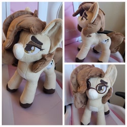 Size: 2048x2048 | Tagged: safe, artist:vintyri, oc, oc only, oc:pencil test, earth pony, pony, chair, colored hooves, earth pony oc, female, glasses, high res, irl, lidded eyes, photo, plushie, solo, thick eyebrows