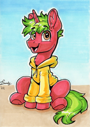 Size: 1471x2076 | Tagged: safe, artist:dandy, oc, oc only, pony, unicorn, clothes, copic, ear fluff, hoodie, horn, looking at you, signature, sitting, solo, traditional art, underhoof, unicorn oc