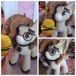 Size: 2048x2048 | Tagged: safe, artist:vintyri, oc, oc only, oc:pencil test, earth pony, pony, bell, burger, chair, choker, collar, colored hooves, earth pony oc, female, food, glasses, high res, irl, lidded eyes, photo, plushie, solo focus, thick eyebrows