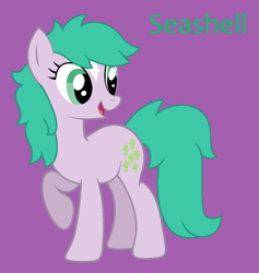 Size: 939x991 | Tagged: safe, artist:jigglewiggleinthepigglywiggle, seashell (g1), earth pony, pony, g1, g4, aqua eyes, coat markings, cute, female, full body, g1 adorashell, g1 to g4, generation leap, green hair, green mane, green tail, green text, hooves, mare, open mouth, open smile, purple background, raised hoof, raised leg, show accurate, simple background, smiling, solo, standing, tail, text