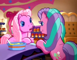 Size: 493x380 | Tagged: safe, screencap, pinkie pie (g3), sweetberry, earth pony, pony, a very pony place, g3, positively pink, cupcake, female, food, frosting, frown, mare, open mouth, sweet shoppe, youtube link
