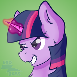 Size: 1000x1000 | Tagged: safe, artist:exobass, twilight sparkle, pony, g4, angry, bust, expression, glowing, glowing horn, gritted teeth, horn, magic, solo, teeth