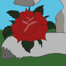 Size: 1024x1024 | Tagged: safe, artist:lil_vampirecj, oc, oc only, oc:cj vampire, earth pony, pony, colored, flat colors, flower, grass, grass field, looking at rose, lying down, rose, solo