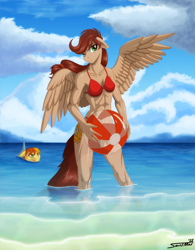 Size: 1280x1639 | Tagged: safe, artist:sa1ntmax, oc, oc:ayri, oc:wit ray, earth pony, pegasus, anthro, unguligrade anthro, abs, aside glance, beach, beach ball, belly button, bikini, breasts, clothes, cloud, earth pony oc, eyelashes, female, looking at you, muscles, muscular female, ocean, one eye closed, outdoors, pegasus oc, ponytail, shark fin, smiling, standing, summer, swimming, swimsuit, tail, water, wings