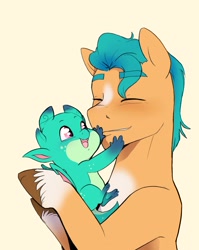 Size: 1123x1409 | Tagged: safe, artist:aztrial, hitch trailblazer, sparky sparkeroni, dragon, earth pony, pony, g5, my little pony: make your mark, baby, baby dragon, cute, eyes closed, father and child, father and son, hitchbetes, hug, male, papa hitch, simple background, smiling, sparkybetes, stallion