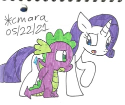 Size: 959x811 | Tagged: safe, artist:cmara, rarity, spike, dragon, pony, unicorn, g4, female, male, mare, ship:sparity, shipping, straight, traditional art, winged spike, wings