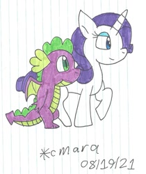 Size: 964x1148 | Tagged: safe, artist:cmara, rarity, spike, dragon, pony, unicorn, g4, female, male, ship:sparity, shipping, straight, traditional art, winged spike, wings