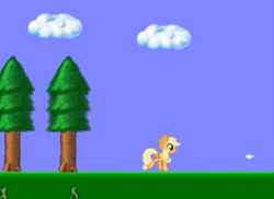 Size: 498x362 | Tagged: safe, artist:hedgehogself, applejack, earth pony, pony, g4, applejack's hat, cloud, cowboy hat, creepypasta, female, game, grass, hat, implied twilight sparkle, magic, mare, moments before disaster, sky, tree, walking, youtube link