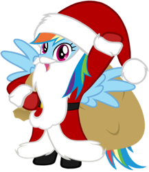 Size: 466x537 | Tagged: artist needed, safe, rainbow dash, pegasus, pony, g4, belt, bipedal, boots, christmas, clothes, costume, fake beard, female, gloves, hat, holiday, looking at you, mare, open mouth, raised hoof, sack, santa beard, santa claus, santa costume, santa hat, santa sack, shoes, simple background, solo, standing, transparent background, vector, wings