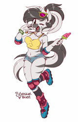 Size: 647x1000 | Tagged: safe, artist:starshinebeast, oc, oc only, oc:kinyua, zebra, anthro, breasts, cute, food, herbivore, ice cream, ocbetes, roller skates, simple background, solo, sunglasses, watermelon, white background, zebra oc