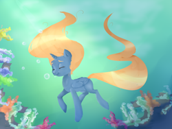 Size: 1600x1200 | Tagged: safe, artist:ceeceil, oc, oc only, alicorn, pony, bubble, coral, crepuscular rays, eyes closed, flowing mane, flowing tail, folded wings, horn, ocean, orange mane, redraw, smiling, solo, sunlight, swimming, tail, underwater, water, wings