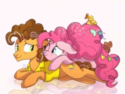Size: 1024x768 | Tagged: safe, artist:golden bloom, cheese sandwich, pinkie pie, earth pony, pony, g4, the last problem, female, floppy ears, husband and wife, looking at each other, lying down, male, older, older cheese sandwich, older cheesepie, older pinkie pie, one eye closed, prone, reflection, ship:cheesepie, shipping, simple background, smiling, smiling at each other, straight