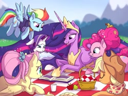 Size: 1024x768 | Tagged: safe, artist:golden bloom, applejack, fluttershy, pinkie pie, rainbow dash, rarity, twilight sparkle, alicorn, earth pony, pegasus, pony, unicorn, the last problem, apple, applejack's hat, basket, book, clothes, cowboy hat, crown, ethereal hair, ethereal mane, ethereal tail, female, food, granny smith's shawl, hat, hoof shoes, jewelry, mane six, mare, older, older applejack, older fluttershy, older mane six, older pinkie pie, older rainbow dash, older rarity, older twilight, peytral, picnic basket, picnic blanket, princess shoes, princess twilight 2.0, regalia, scarf, shoes, skunk stripe, sparkling hair, sparkling mane, sparkling tail, tail, twilight sparkle (alicorn), wing hole