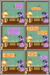 Size: 3255x4838 | Tagged: safe, artist:gutovi, applejack, twilight sparkle, alicorn, earth pony, pony, unicorn, comic:why me!?, g4, alternate ending, apple, apple juice, comic, cooking, female, food, hat, high res, juice, lesbian, mare, ship:twijack, shipping, show accurate, sweet apple acres, table, twilight sparkle (alicorn)