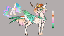 Size: 3264x1836 | Tagged: safe, artist:luzreal, princess celestia, alicorn, pony, g4, brown background, color palette, crown, horn, jewelry, redesign, regalia, simple background, solo, wings