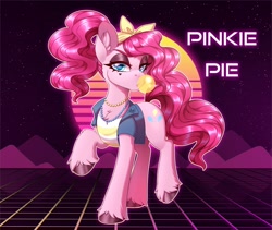 Size: 2000x1686 | Tagged: safe, artist:_ladybanshee_, pinkie pie, earth pony, pony, g4, 80's fashion, 80s, 80s hair, alternate hairstyle, badass, bubblegum, chest fluff, clothes, ear fluff, female, food, gum, hairband, hooves, jewelry, makeup, mare, necklace, ponytail, shirt, solo, unshorn fetlocks, vest