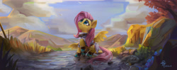 Size: 5911x2339 | Tagged: safe, artist:掷骰儿, fluttershy, pegasus, pony, g4, boots, clothes, cute, female, hair accessory, high res, looking up, mare, mountain, mushroom, outdoors, raised hoof, river, scenery, scenery porn, shoes, shyabetes, sky, smiling, solo, spread wings, stray strand, stream, three quarter view, tree, water, widescreen, wings