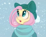 Size: 1200x984 | Tagged: safe, artist:melodylibris, fluttershy, pegasus, pony, blushing, breath, bust, clothes, cute, female, hat, mare, open mouth, scarf, shyabetes, snow, snowfall, solo