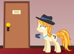 Size: 409x303 | Tagged: safe, artist:jan, press pass, press release (character), earth pony, pony, vocational death cruise, g4, camera, door, doorknob, female, film reel, frown, hat, hotel, hotel room, mare, unamused, youtube link