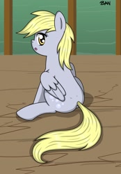 Size: 1416x2039 | Tagged: safe, artist:banquo0, derpy hooves, pegasus, pony, g4, the last roundup, butt, female, iron plot, open mouth, plot, scene interpretation, sitting, solo, this will end in splinters