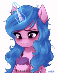 Size: 720x900 | Tagged: safe, alternate version, artist:maren, izzy moonbow, pony, unicorn, g5, animated, blushing, bow (instrument), bracelet, bust, colored hooves, cute, ear rape, eyebrows, eyebrows visible through hair, funny, horn, izzy moodbow, izzybetes, jewelry, magic, magic aura, messy mane, musical instrument, reference, simple background, small, sound, spongebob reference, spongebob squarepants, squilliam returns, telekinesis, tired, violin, violin bow, webm, white background, world's smallest violin