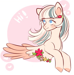 Size: 1280x1292 | Tagged: safe, artist:nikachyy, oc, oc only, pegasus, pony, bust, colored wings, eyelashes, female, flower, mare, pegasus oc, smiling, solo, two toned wings, wings