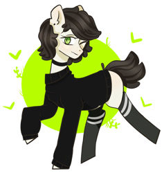 Size: 1280x1349 | Tagged: safe, artist:nikachyy, oc, oc only, earth pony, pony, abstract background, choker, clothes, ear piercing, earth pony oc, eyelashes, female, mare, one eye closed, piercing, raised hoof, simple background, smiling, socks, solo, white background, wink