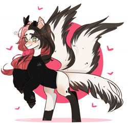 Size: 1280x1233 | Tagged: safe, artist:nikachyy, oc, oc only, kitsune, kitsune pony, original species, pony, abstract background, blushing, clothes, eyelashes, female, heart, mare, multiple tails, rearing, simple background, smiling, solo, tail, white background