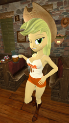 Size: 900x1600 | Tagged: safe, artist:oatmeal!, applejack, human, equestria girls, g4, 3d, alcohol, beer, big breasts, boots, breasts, busty applejack, clothes, cowboy boots, cowboy hat, gmod, grin, hand on hip, hat, hooters, huge breasts, looking at you, one eye closed, restaurant, sexy, shoes, shorts, smiling, solo, tank top, waitress, wide hips, wink, winking at you