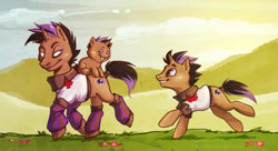 Size: 2092x1136 | Tagged: safe, artist:fukari, oc, oc only, pony, unicorn, baby, baby pony, clothes, grin, horn, leg warmers, male, oc riding oc, outdoors, ponies riding ponies, riding, running, smiling, stallion, unicorn oc