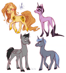 Size: 1127x1247 | Tagged: safe, artist:fukari, oc, oc only, earth pony, pegasus, pony, unicorn, earth pony oc, horn, male, pegasus oc, simple background, stallion, unicorn oc, white background