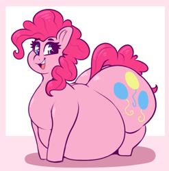 Size: 1503x1521 | Tagged: safe, artist:graphenescloset, pinkie pie, earth pony, pony, abstract background, adorafatty, balloonbutt, belly, belly on floor, big belly, butt, cute, diapinkes, fat, female, happy, huge belly, large butt, looking at you, mare, obese, open mouth, open smile, piggy pie, plot, pudgy pie, smiling, solo, the ass was fat