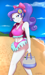 Size: 720x1200 | Tagged: safe, artist:empyu, rarity, human, equestria girls, g4, bare shoulders, beach, belly button, bow, clothes, cloud, female, hair bow, ponytail, skirt, sky, sleeveless, solo, swimsuit, two-piece swimsuit