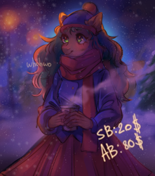 Size: 1764x2000 | Tagged: safe, artist:whohwo, oc, oc only, earth pony, anthro, clothes, commission, cute, dress, earth pony oc, outdoors, scarf, smiling, snow, snowfall, solo, your character here