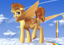 Size: 4093x2894 | Tagged: safe, alternate version, artist:koshakevich, spitfire, pegasus, pony, butt, cloud, dock, female, firebutt, frog (hoof), grin, looking at you, looking back, looking back at you, mare, plot, rainbow, rainbow waterfall, raised hoof, smiling, solo, tail, underhoof