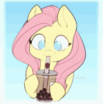 Size: 401x403 | Tagged: safe, artist:angrylittlerodent, fluttershy, pegasus, pony, animated, blinking, bubble tea, bust, chewing, cute, daaaaaaaaaaaw, drinking, drinking straw, eating, female, gif, gradient background, hoof hold, looking down, loop, mare, no pupils, rodent is trying to murder us, shyabetes, smiling, solo, weapons-grade cute