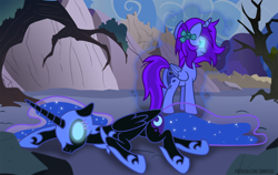 Size: 1200x756 | Tagged: safe, artist:jennieoo, nightmare moon, oc, oc:aliss, alicorn, pony, g4, alicorn oc, defeated, glowing, glowing eyes, horn, possessed, show accurate, vector, wings